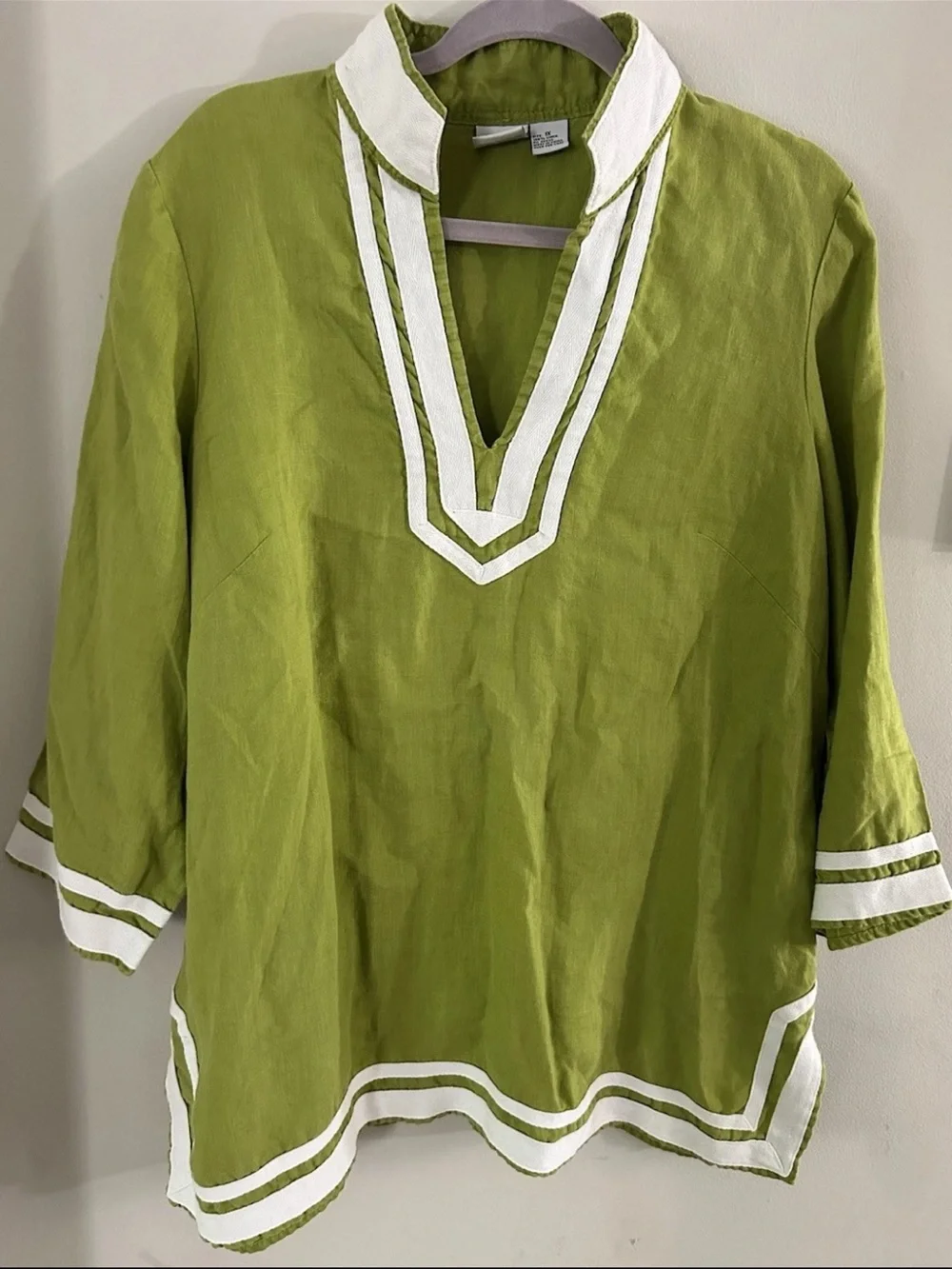 Alexandra Bartlett Top Tunic Blouse Popover 1X Green 100% Linen 3/4 Sleeve Split - Picture 4 of 8